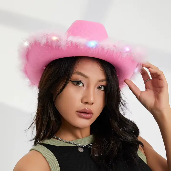 Chapeau de cowboy en feutre avec lumière LED colorée pour hommes et femmes