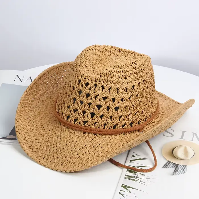 Chapeau de cowboy occidental en paille pour hommes et femmes, forme cowgirl, bord large, casquette d