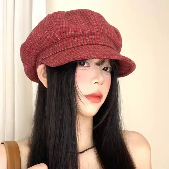 Chapeaux de journal à carreaux rouges rétro pour femmes bérets octogonaux sport polyvalents et décontractés polyester pour printemps été occasions spéciales