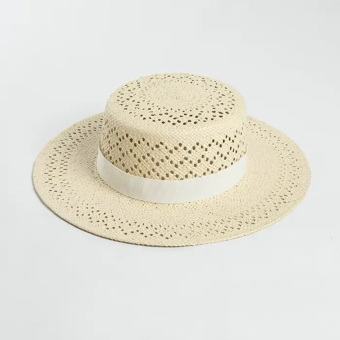 Chapeau de soleil de plage 100% paille, casquettes à dessus plat, chapeaux de bateau, Protection sol