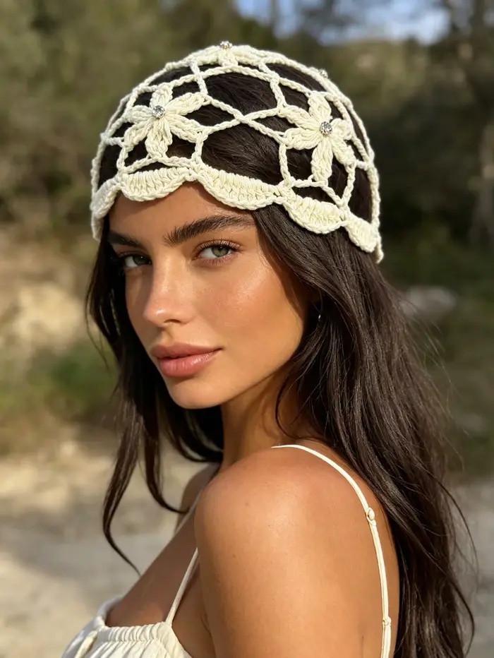 1pc Bonnet tricoté style bohème décontracté et polyvalent avec strass et motif floral ajouré