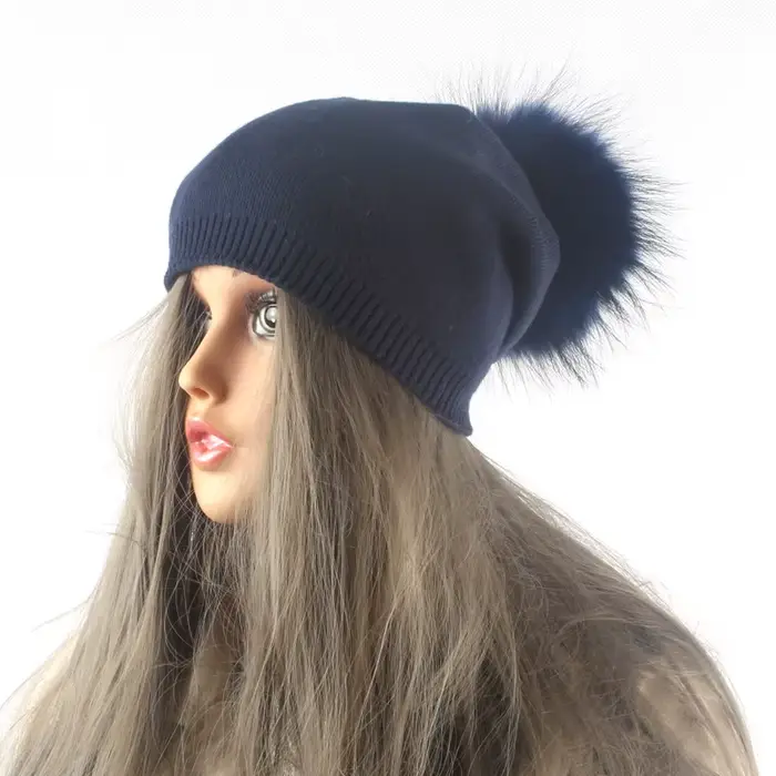 Femmes hiver laine tricoté chapeaux pompon bonnet fourrure de renard pompons chapeau couleur unie mode marque de luxe