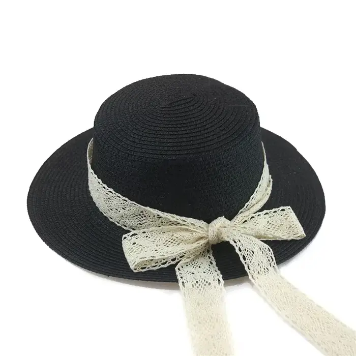 Chapeau de plage pour femmes et petites filles, en paille, solide, plat, nœud papillon, dentelle, dé