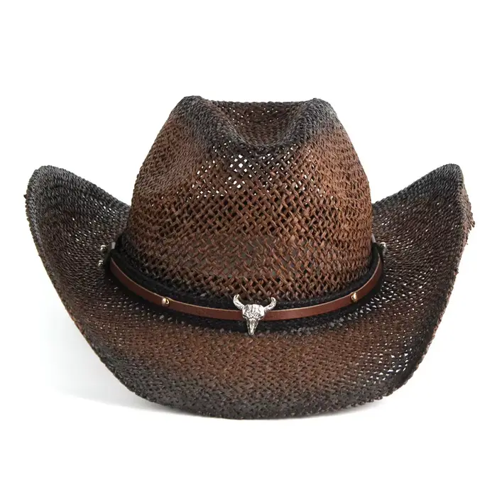 Chapeau de cowboy en paille 2026, style vintage western, avec bande décorative tête de taureau, pour