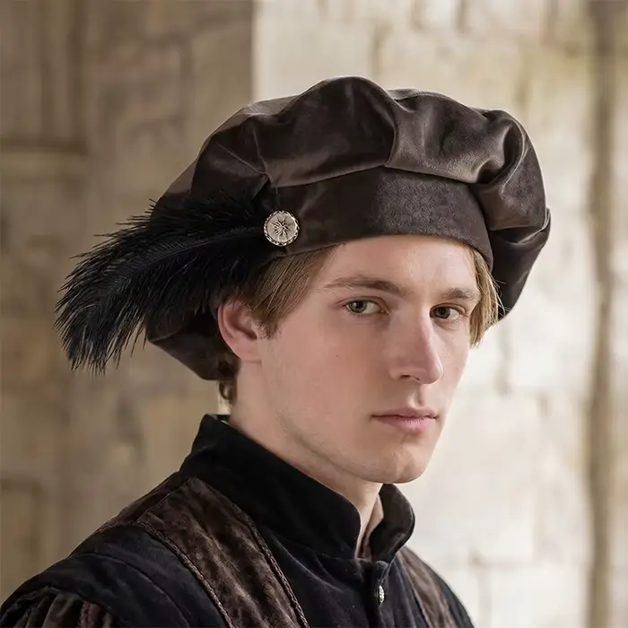 Béret Tudor en polyester pour costumes médiévaux et reconstitution historique homme Renaissance Elizabethaine casquette de minstre de la cour occasions spéciales