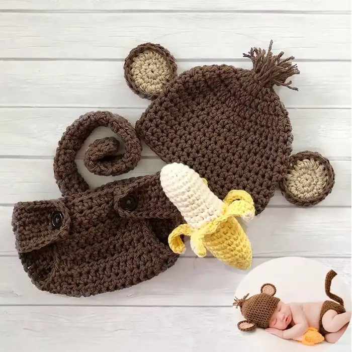 Chapeau de singe mignon pour bébé 0-3 mois ensemble de couvre-couches et chapeau de pêcheur à dessins animés pour sessions de photos et sorties
