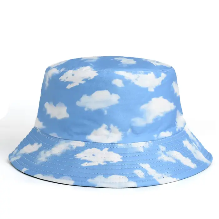 Chapeau de pêcheur imprimé ciel bleu et nuages blancs, casquette de soleil pour voyage en plein air,