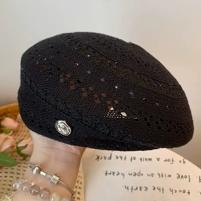 Béret tricoté ajouré rétro pour femme, chapeau d'artiste tendance amincissant le visage, design mode