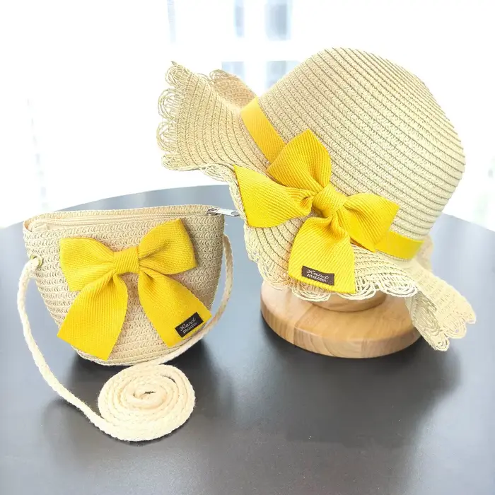 Chapeau de paille à large bord pliable avec nœud décoratif et sac fourre-tout de grande capacité accessoires de plage faits main pour filles printemps été décontracté plage sac fourre-tout occaions spéciales