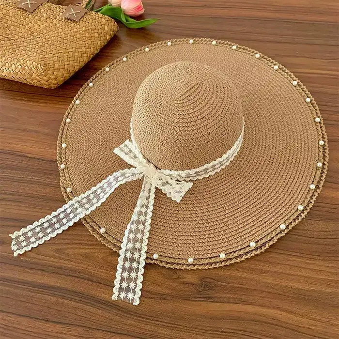 Chapeau de paille oversize à grand bord avec nœud décoratif pour femme, protection solaire UV, léger