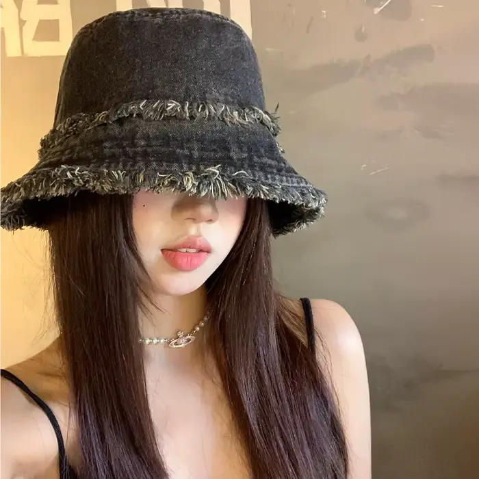 Chapeau seau en Denim à bord rugueux délavé japonais, tendance de rue, pare-soleil polyvalent, casqu