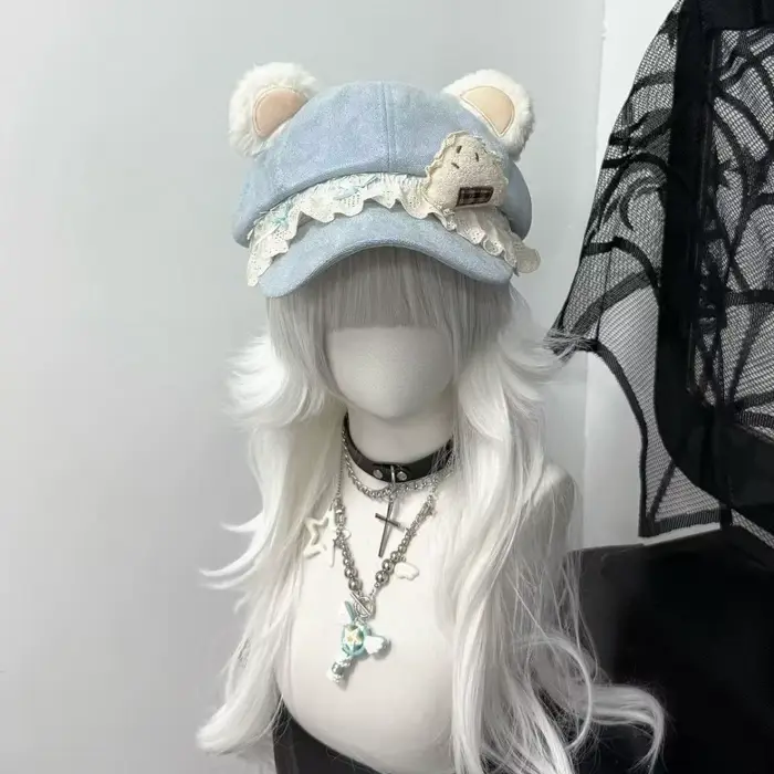 Casquette de baseball en peluche avec oreilles d'ours et dentelle
