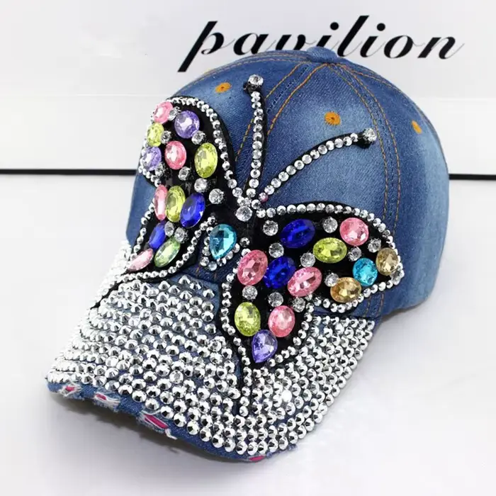 Casquette de Baseball d'automne femmes plein cristal coloré grand papillon chapeau Denim Bling strass casquettes