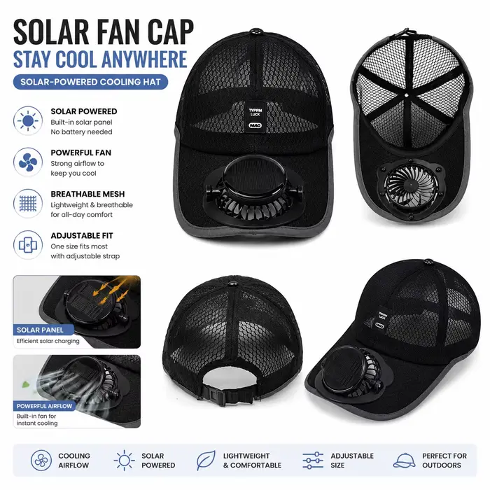 Casquette de baseball respirante anti-UV avec ventilateur solaire rechargeable par USB