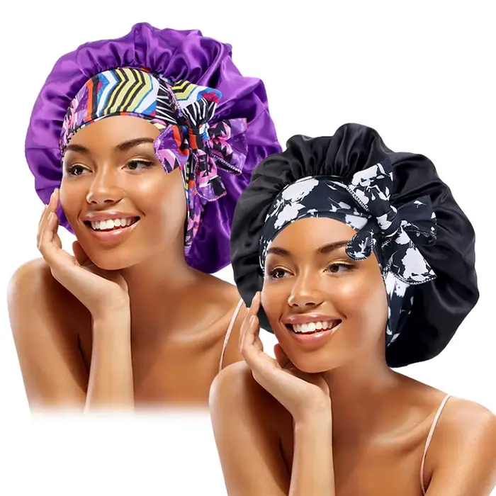 2 pièces/lot Boho imprimé bandeau Satin Bonnet à lacets nœud papillon cheveux Bonnet élastique dormi