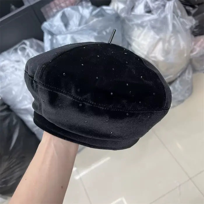 Béret en velours noir pour femme, chapeau de peintre chaud, diamant complet, niche rétro, dame, auto