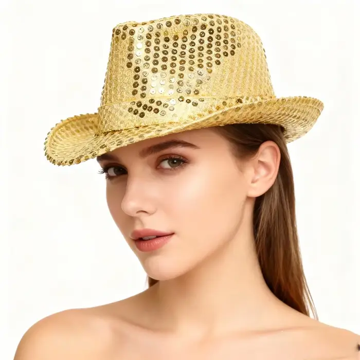 PESENAR – chapeau Fedora à paillettes dorées pour Costume Disco des années 70