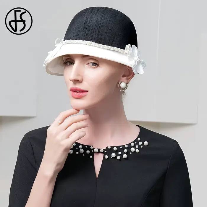 Fedora Élégante Femme FS Chapeau Vintage pour Occasions Spéciales Polyester Multifonction Extérieure Blanc Noir Occasions Festives Mariage Église Retour à l'École