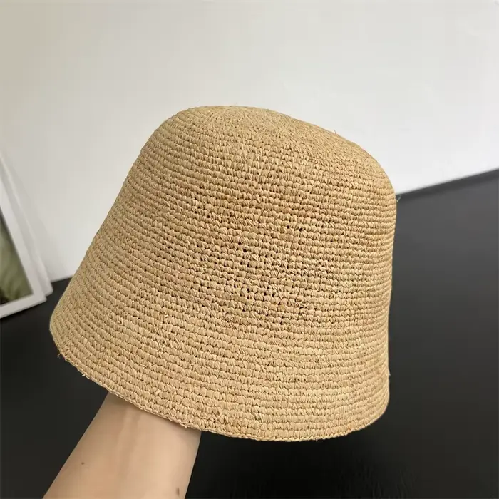 Chapeau Bob en Raphia Naturel pour Femme, Style Vintage, Crocheté à la Main, Chapeau de Soleil en Pa