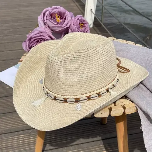 Chapeau de cowboy western à franges coquillage pour hommes et femmes, pare-soleil tressé, pare-solei