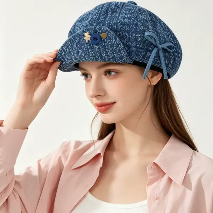 Bérets en jean pour femmes avec joli design à nœud et bouton, style doux printemps-été, pour voyage 