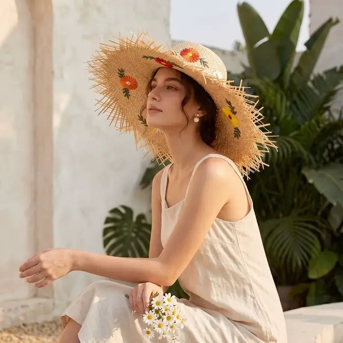 Chapeau de soleil décontracté bohème en paille de raphia à large bord