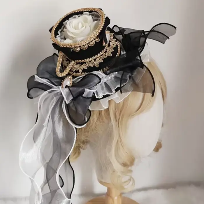Coiffe victorienne vintage pour femme, chapeau haut de forme plat, élégant, dentelle, fleur, rose, m