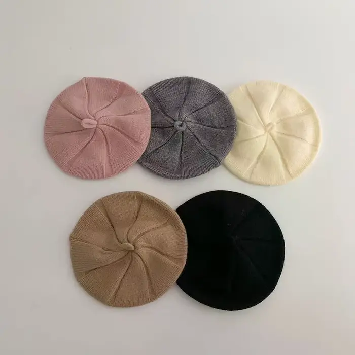 Béret pour filles, chapeau tricoté en laine avec nœud brodé