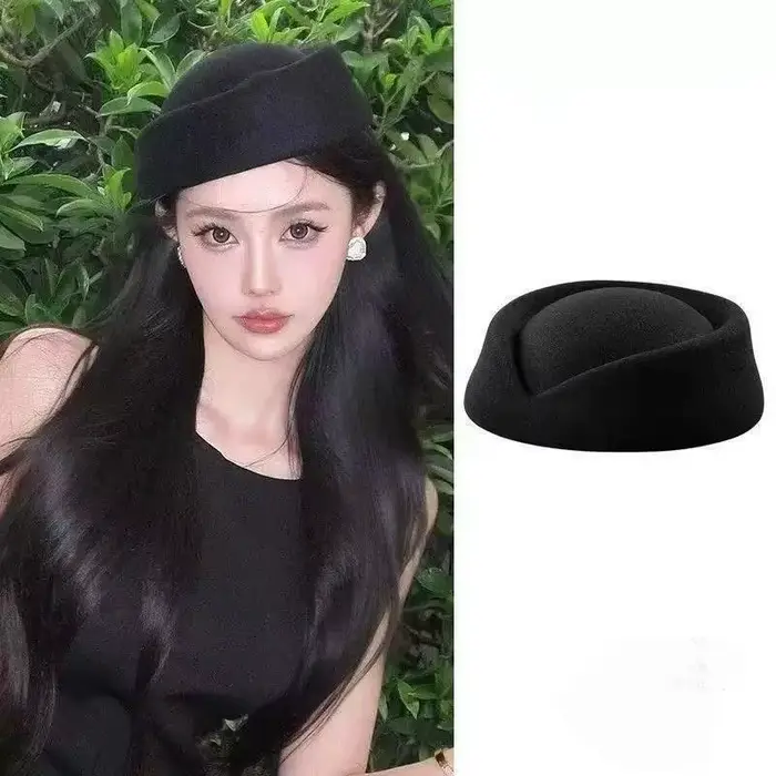Béret d'hôtesse de l'air vintage noir à calotte plate, accessoire pour cheveux
