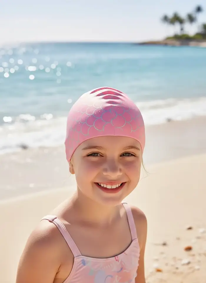Bonnet de bain en silicone avec queues de poisson pour enfant, protection des cheveux et oreilles, accessoire de natation pour baignade et activités aquatiques