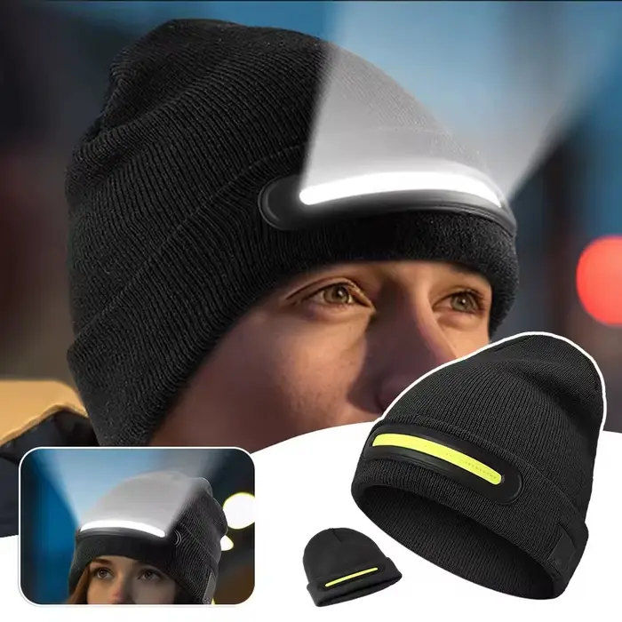 Bonnet LED avec lampe frontale rechargeable pour homme et femme, chapeau sport tricoté polyester coupe-vent hiver extérieur activités nocturnes
