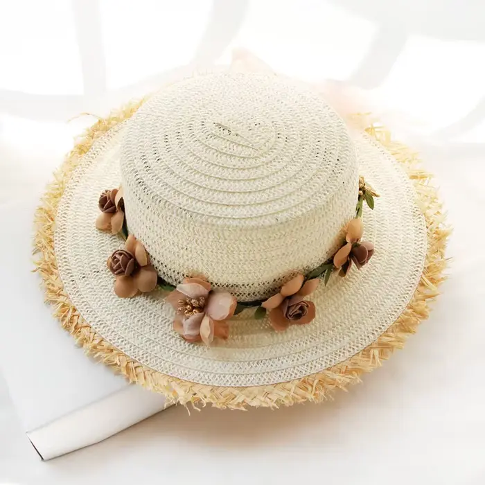 Chapeau de soleil pour femme et enfant, style panaméen, visière pour fille, avec fleurs, nœud, chape