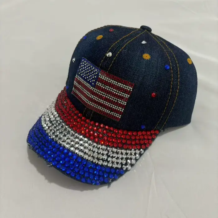 Casquette de Baseball en Denim avec drapeau en strass pour femmes