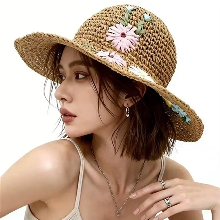 Chapeaux de paille colorés à fleurs pour femmes, style bohème, brodés, pliables, coréens, ajourés, p