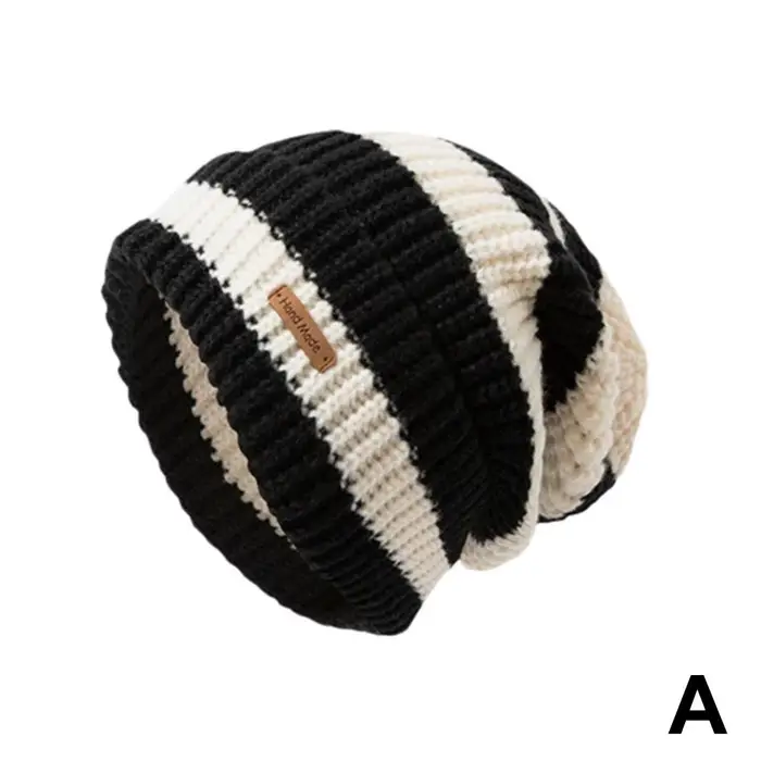 Bonnet rayé pour femme, chapeau d'hiver tricoté rétro, épais et chaud, tendance, coupe ample, coupe-