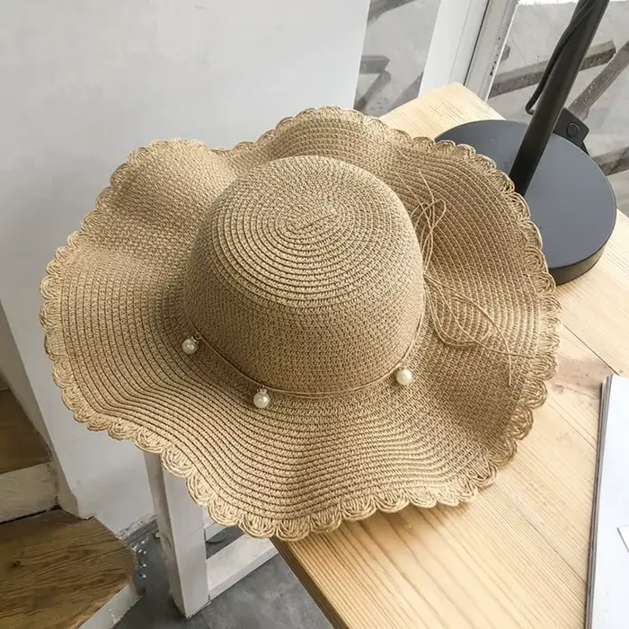 Chapeau de paille pliable à large bord avec perles style français pour femme protection solaire plage voyage occassions spéciales