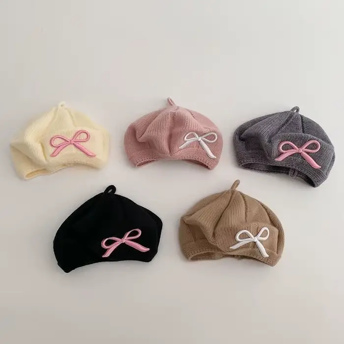 Béret pour filles, chapeau tricoté en laine avec nœud brodé