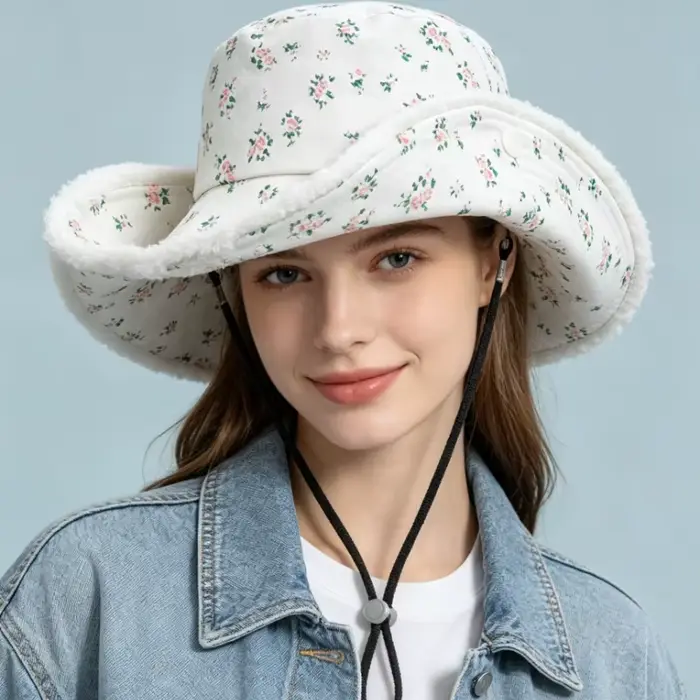 Chapeau Bob Femme à Bord Brut Motif Floral Français, Grande Bordure, Lacets, Bord Relevé, Fermeture