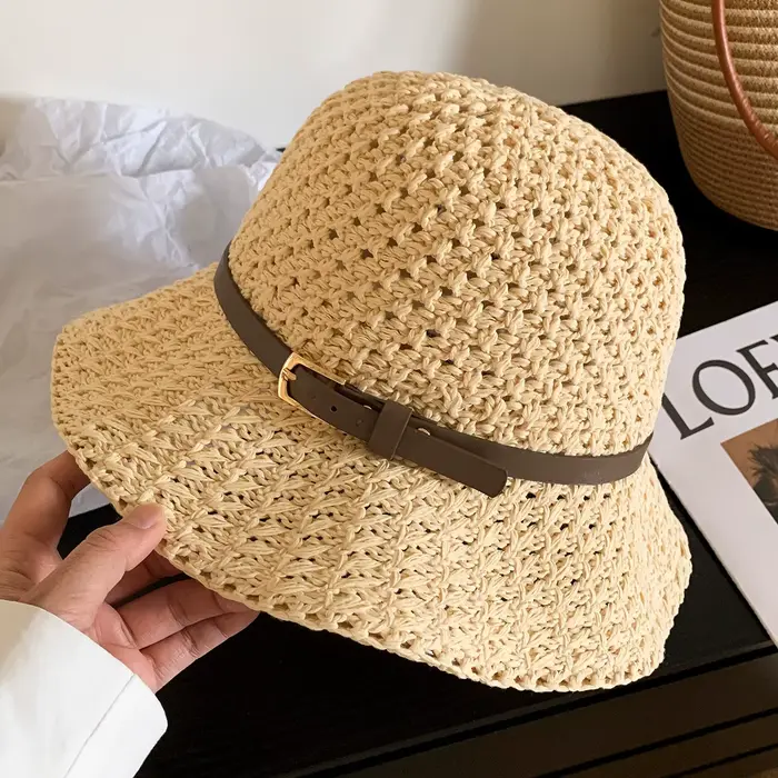 Chapeau de soleil élégant en paille tressée avec ceinture, chapeaux de plage d'été en paille pour fe