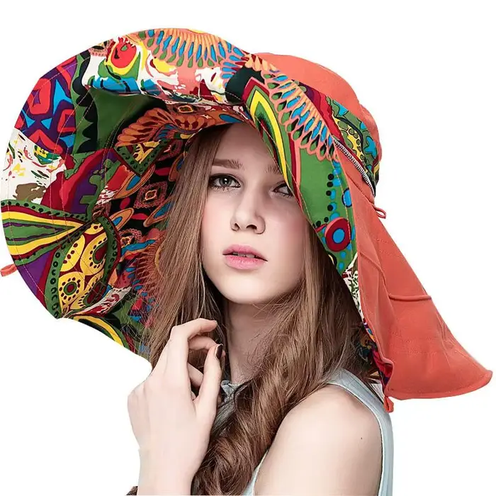 Chapeaux de soleil pour femmes, grand chapeau de plage, imprimé floral, large bord, Bob Chapeu ander