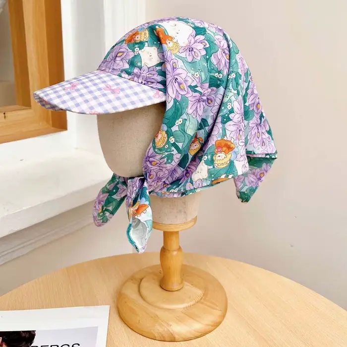 Casquette de baseball style rural avec foulard intégré, motif écossais floral, en coton, protection 