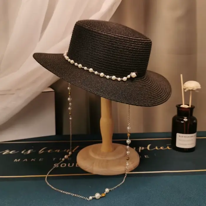Chapeau de paille à large bord avec chaîne de perles coquillages, protection solaire UV, pliable, po