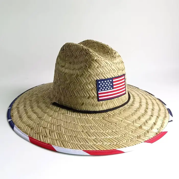 Chapeau de soleil en paille à large bord avec drapeau américain chapeau de sauveteur patriotique pour femmes été plage pêche activités extérieures