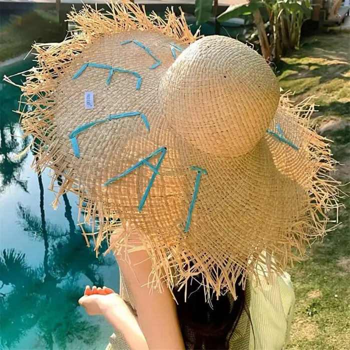 Chapeau paille en papier mode lettres brodées unisexe protection solaire large bordures occasions estivales décontractées voyage plage camping