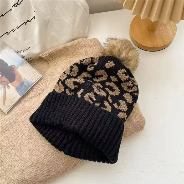 Chapeau Bouclé à Imprimé Léopard pour Femme, Protection Solaire, Boule de Poils, Chaud, Laine Optiqu