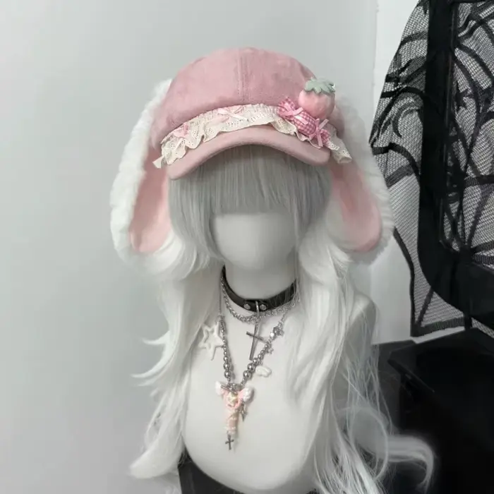 Casquette de baseball rose à oreilles de lapin en dentelle