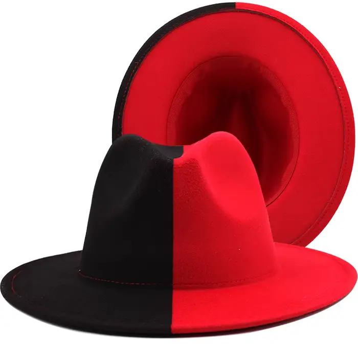 Chapeau en feutre de laine Patchwork, rouge et bleu, chapeau de Jazz Fedora, unisexe à large bord, c