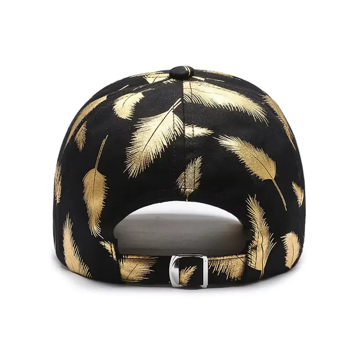Casquette de baseball FS Brand noire à imprimé plumes dorées casquette de camionneur en coton casquette snapback hip hop pour hommes et femmes occasionnels style urbain sportif chic