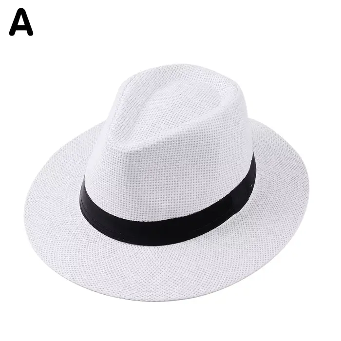 Chapeau Fedora en paille Panama pour homme, chapeau de soleil d'été en herbe synthétique à bord plat
