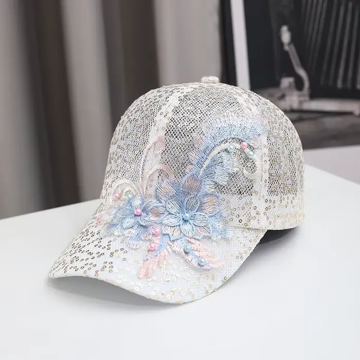 Casquette de baseball en maille pour femme, broderie florale, paillettes, perles, respirante, chapea